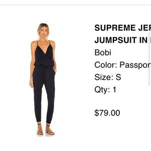 NWT bobi Supreme Jersey Tied Waist V Neck Jumpsuit from Revolve, Small, Navy